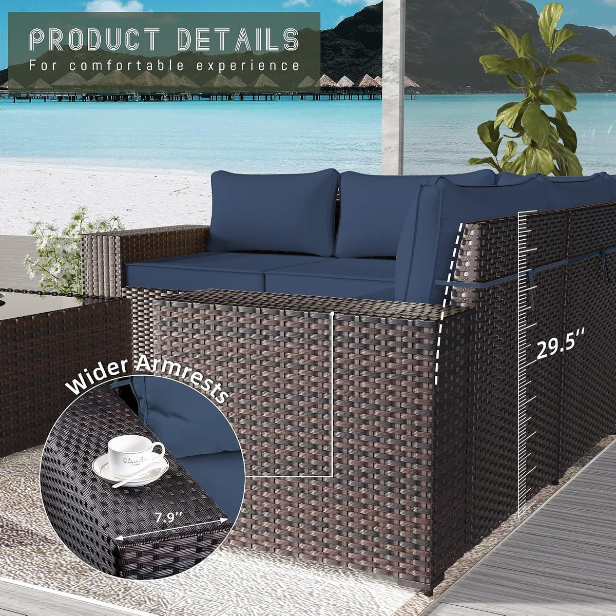 7 PCS Outdoor Patio Furniture Set,Outdoor Sectional Furniture with 43' 55000 BTU Gas Propane Fire Pit Table,All Weather PE Rattan Wicker Patio Conversation Set,Navy Blue