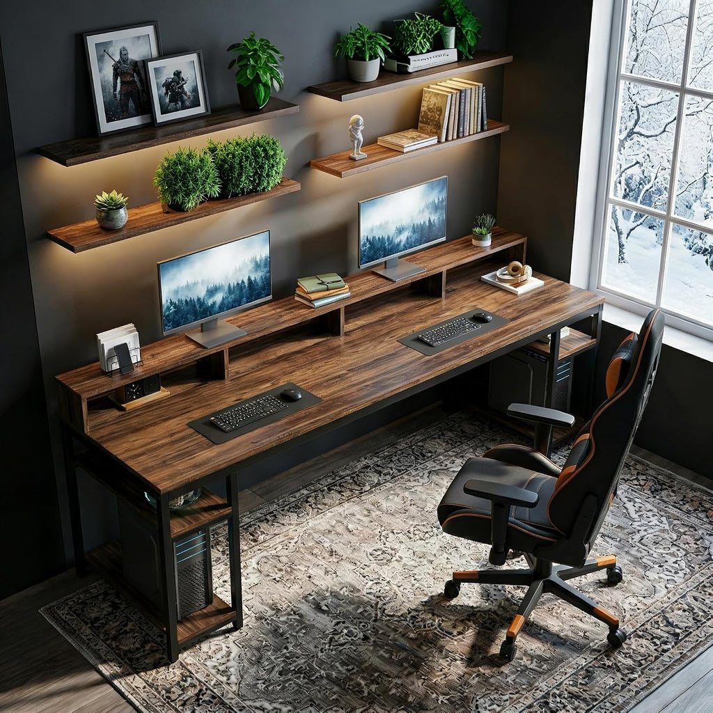 LITTLE TREE 78-Inch Double Desk with Storage Shelves, 2-Person Gaming Desk for Home Office, Long Desk with Monitor Stand (Rustic Brown)