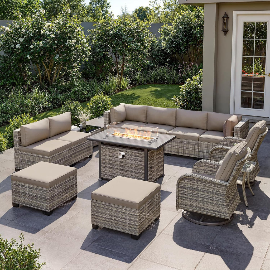 13-Piece Outdoor Patio Furniture Set with Rocking Swivel Chair, Wicker Rattan Sectional Sofa Conversation Set with 55,000 BTU Fire Pit Table with Ottomans, Backyard Furniture, Beige
