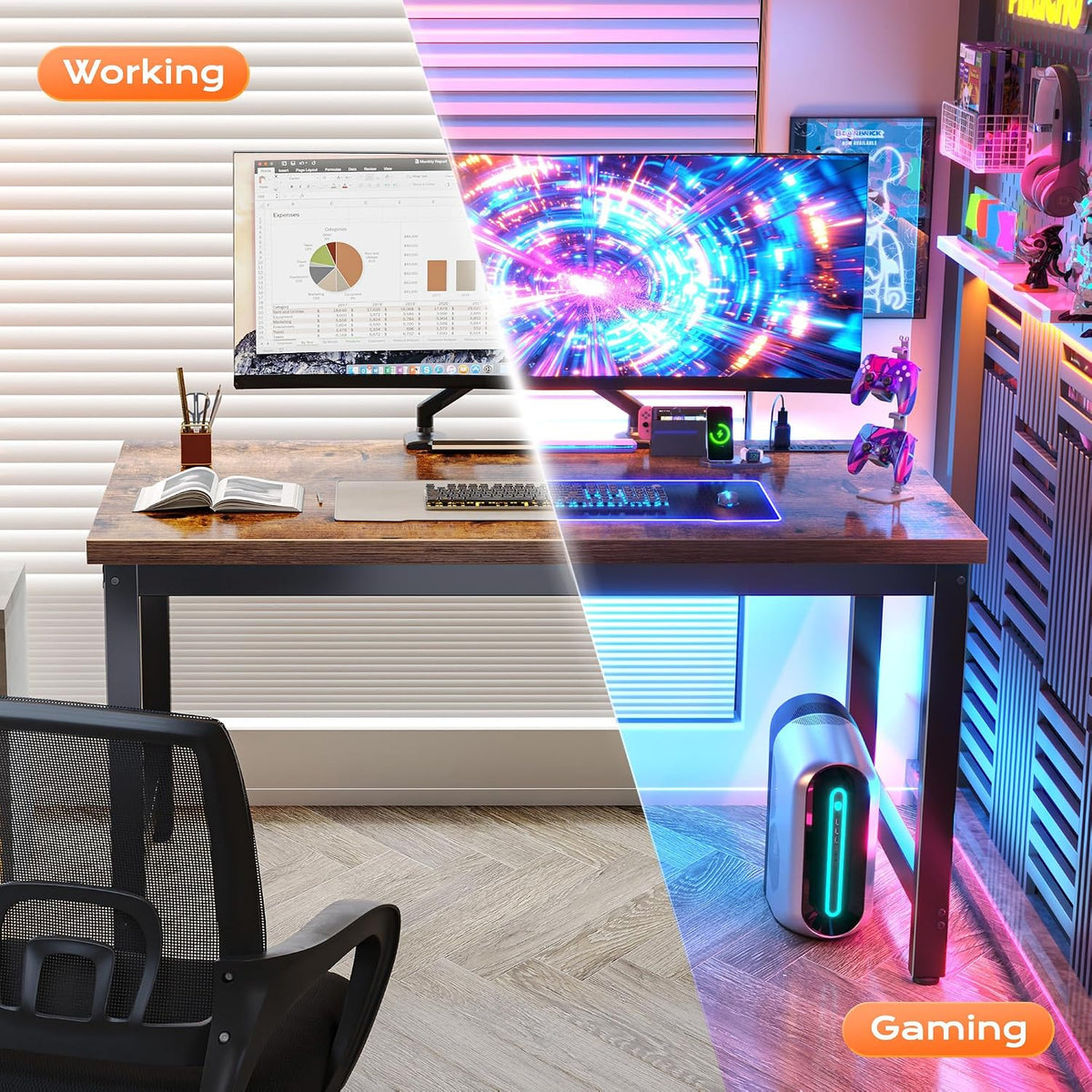 Huuger 48 x 24 inch Desk with Power Outlets & USB-C, Deeper & Thicker Desktop, Robust Metal Tubes, Computer Desk, Heavy Duty Office Desk, Work Gaming Desk for Home Office, Rustic Brown