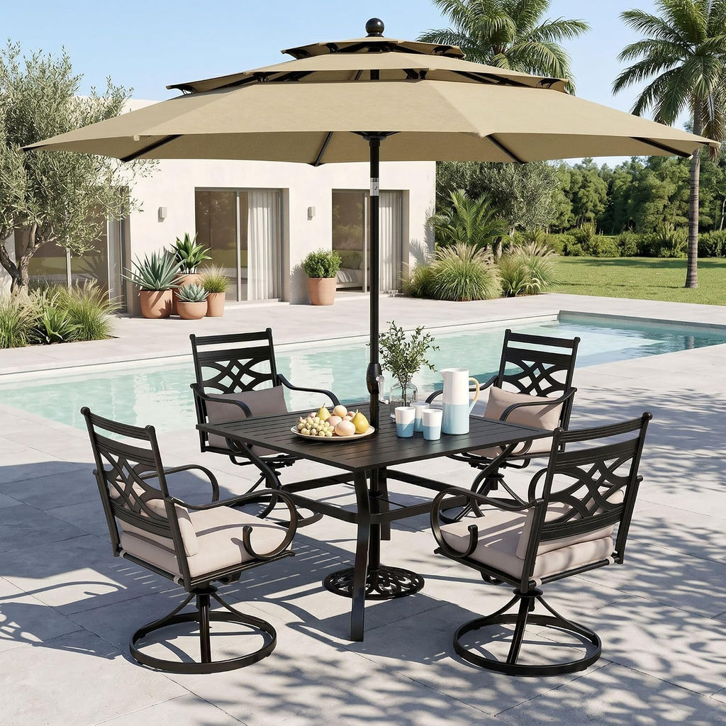 MFSTUDIO Patio Dining Sets for 4, Patio Furniture Set with Umbrella, 6 Piece Outdoor Dining Set for Deck, Poolside, Backyard, Garden (Umbrella Base Not Included)
