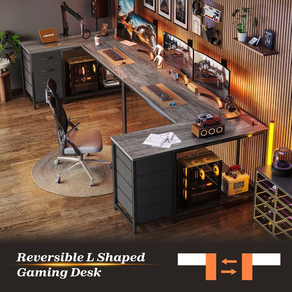 PRAISUN 53' L Shaped Desk with Power Outlets and USB-C Port, Reversible Computer Corner Office Desk with 4 Fabric Drawers and 2 Height-Adjustable Shelves, Large for Gaming Writing Work Study, Grey