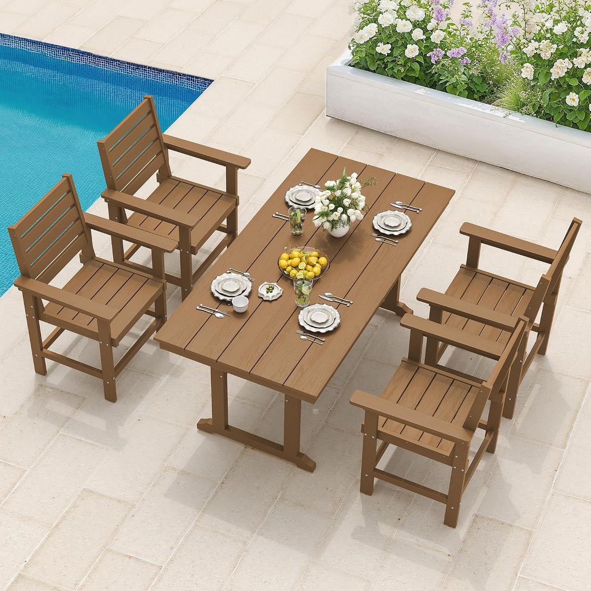 5 Piece Outdoor Dining Set, HDPS Patio Table and Chairs Set, 66' Patio Table with 1.96' Umbrella Hole & 4 Chairs, All Weather Furniture for Garden, Backyard, Poolside (Brown)