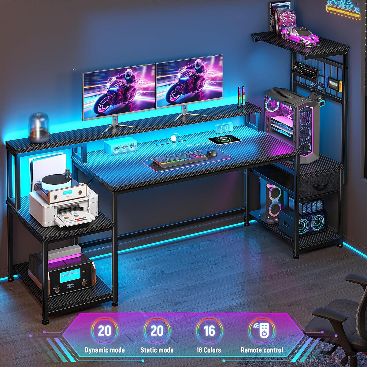 DurayLoly 63' Gaming Desk with LED Lights & Outlets,Computer Desk with Drawers & Monitor Stand,Gaming Table with 3 Storage Shelves, Hooks& Printer Space for Game&Study Room,Home Office,Bedroom,Black