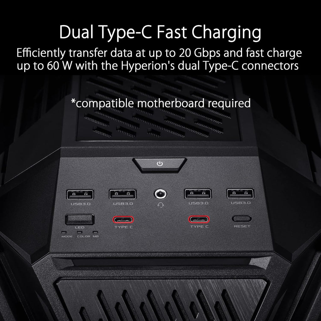 ASUS ROG Hyperion GR701 EATX Full-Tower Gaming Case, High Airflow Design, Tool-Free Side Panels, Pre-Installed 4x140mm Fans, Supports 420mm Radiators, Built-in Graphics Card Holder, Front USB Type-C