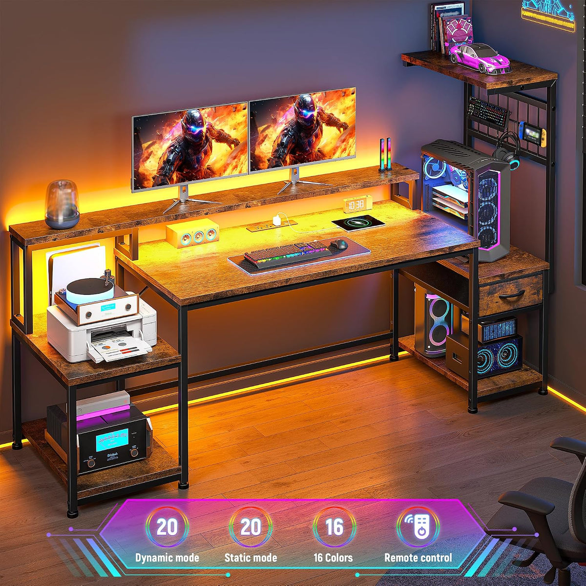 DurayLoly 63' Computer Desk with LED Lights & Outlets,Office Desk with Drawers & Monitor Stand,Gaming Desk with 3 Storage Shelves, Hooks& Printer Space for Game&Study Room,Home Office,Bedroom,Brown