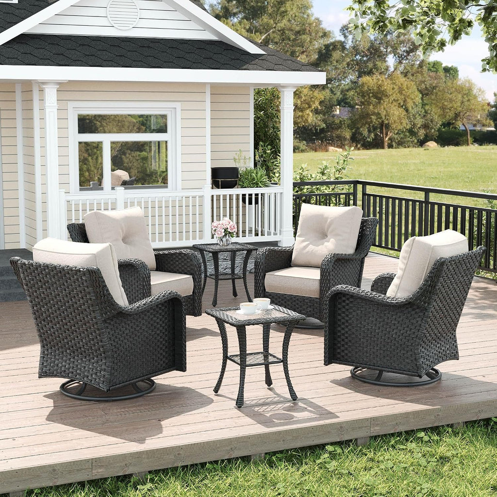 LayinSun 6 Piece Wicker Outdoor Furniture Set with 6-inch Comfy Cushions, High Back Patio Furniture Set with Swivel Rocking Chairs and Side Table