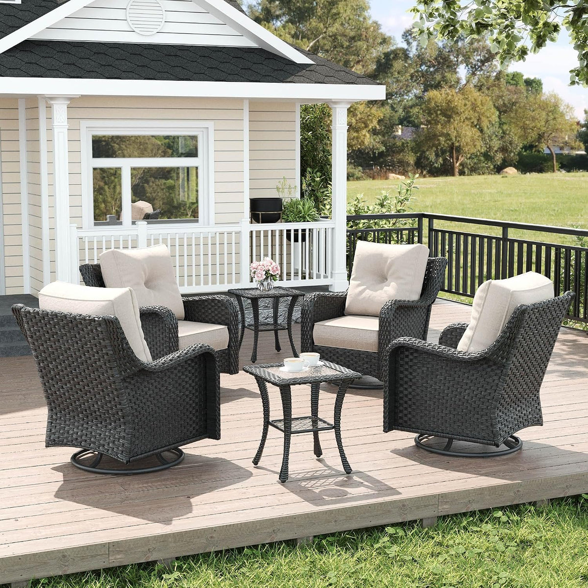 LayinSun 6 Piece Wicker Outdoor Furniture Set with 6-inch Comfy Cushions, High Back Patio Furniture Set with Swivel Rocking Chairs and Side Table
