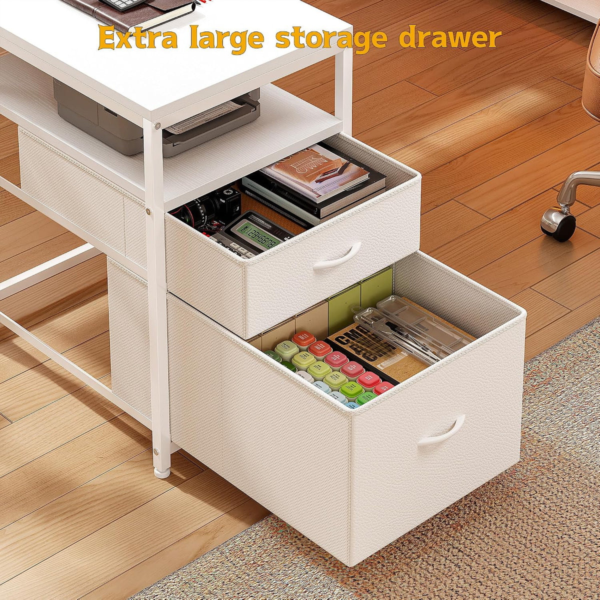 DurayLoly Computer Desk with 6 Storage Shelves & 2 Fabric Drawers,63'' L Shaped Gaming Desk with Power Outlet & LED Strip, Reversible Office Desk with Monitor Stand, White