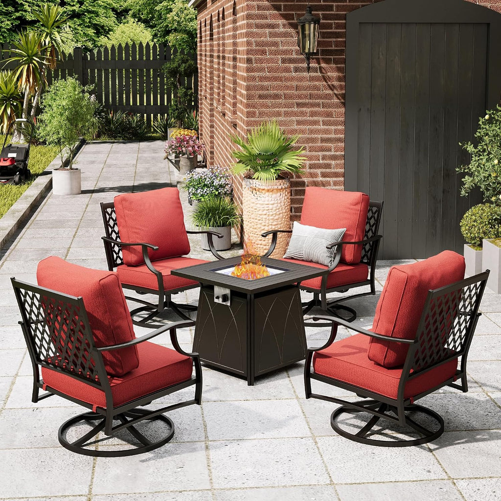 MIXPATIO Patio Furniture Set with Fire Pit Table, 5 Pcs Metal Outdoor Conversation Set, 4 Swivel Chairs with 5.75' Extra Thick Cushion and 28' Fire Pit Table for Backyard Deck, Red