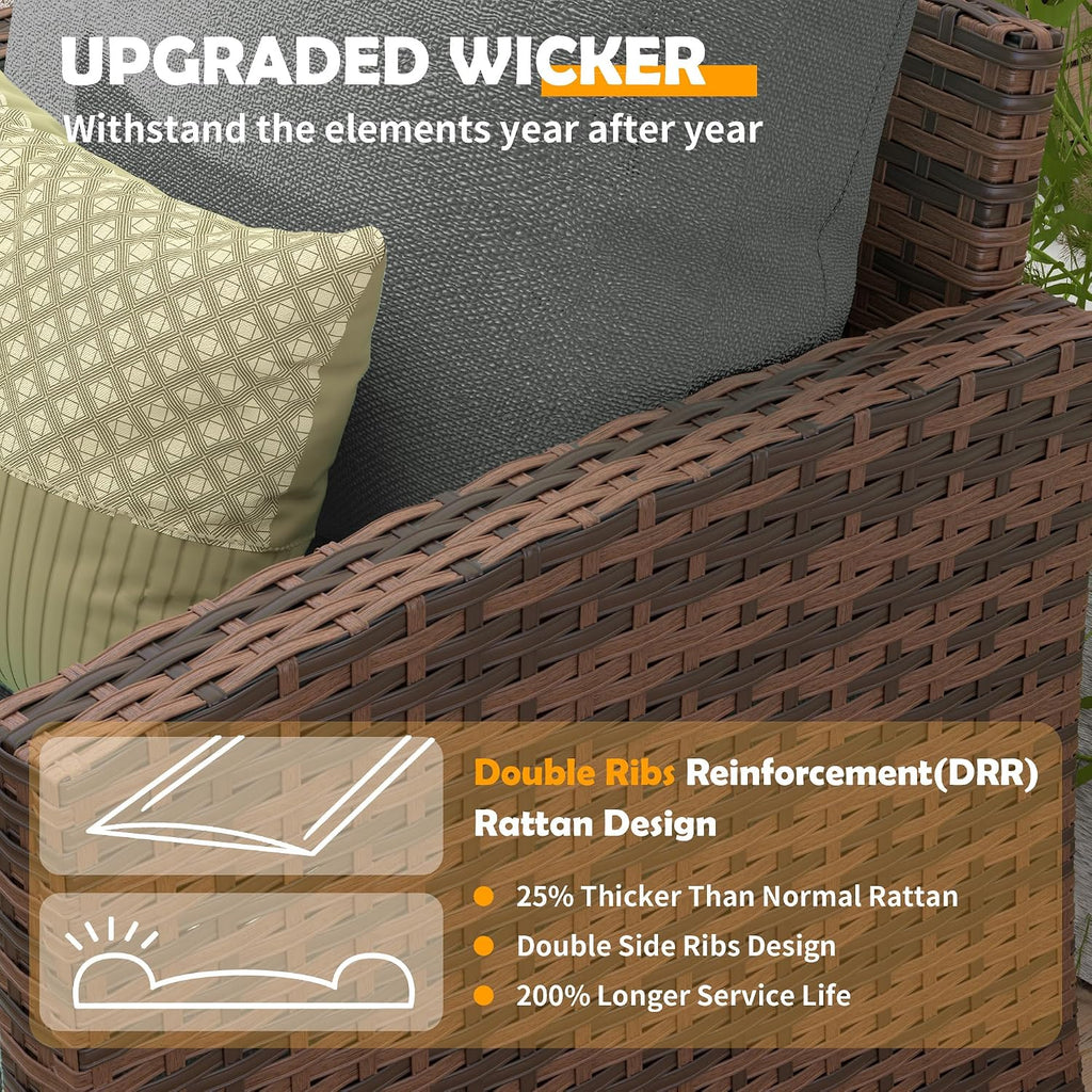 UDPATIO Outdoor Patio Furniture Set with 44' Fire Pit Table, 6 Pieces Sectional Conversation Sets, All-Weather Wicker Rattan Sofa Ottoman with 4' Thick Cushion for Garden Backyard Deck, Dark Grey
