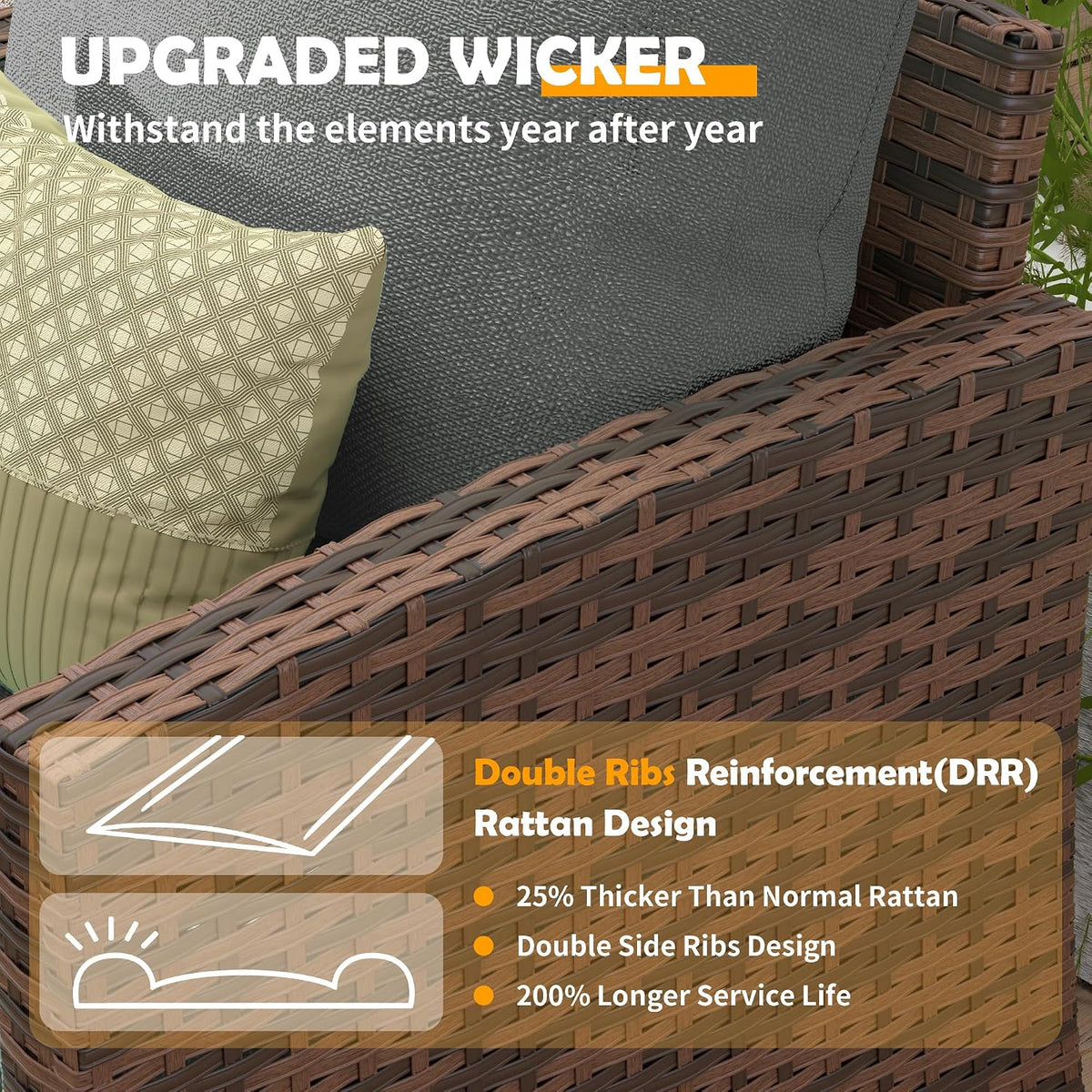 UDPATIO Outdoor Patio Furniture Set with 44' Fire Pit Table, 6 Pieces Sectional Conversation Sets, All-Weather Wicker Rattan Sofa Ottoman with 4' Thick Cushion for Garden Backyard Deck, Dark Grey