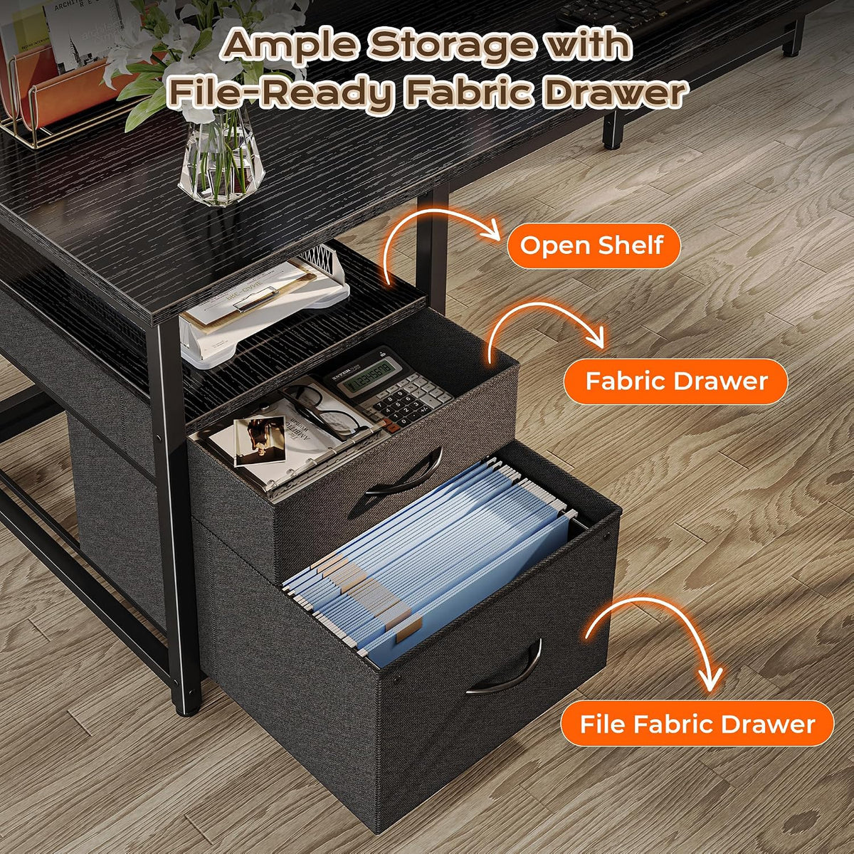 PRAISUN 63 Inch L Shaped Desk with Power Outlets and USB-C Port, Computer Corner Home Office Desk with File Fabric Drawers and Movable Monitor Stand, Larger Storage, Gaming, Writing, Work, Black