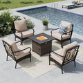 MFSTUDIO 5 Pieces Outdoor Patio Furniture Set, Metal Outdoor Conversation Sofa, Rattan Wicker Patio Sectional Sofa Set with 4 x Fixed Single Sofa, 1 x Fire Pit Table, Beige