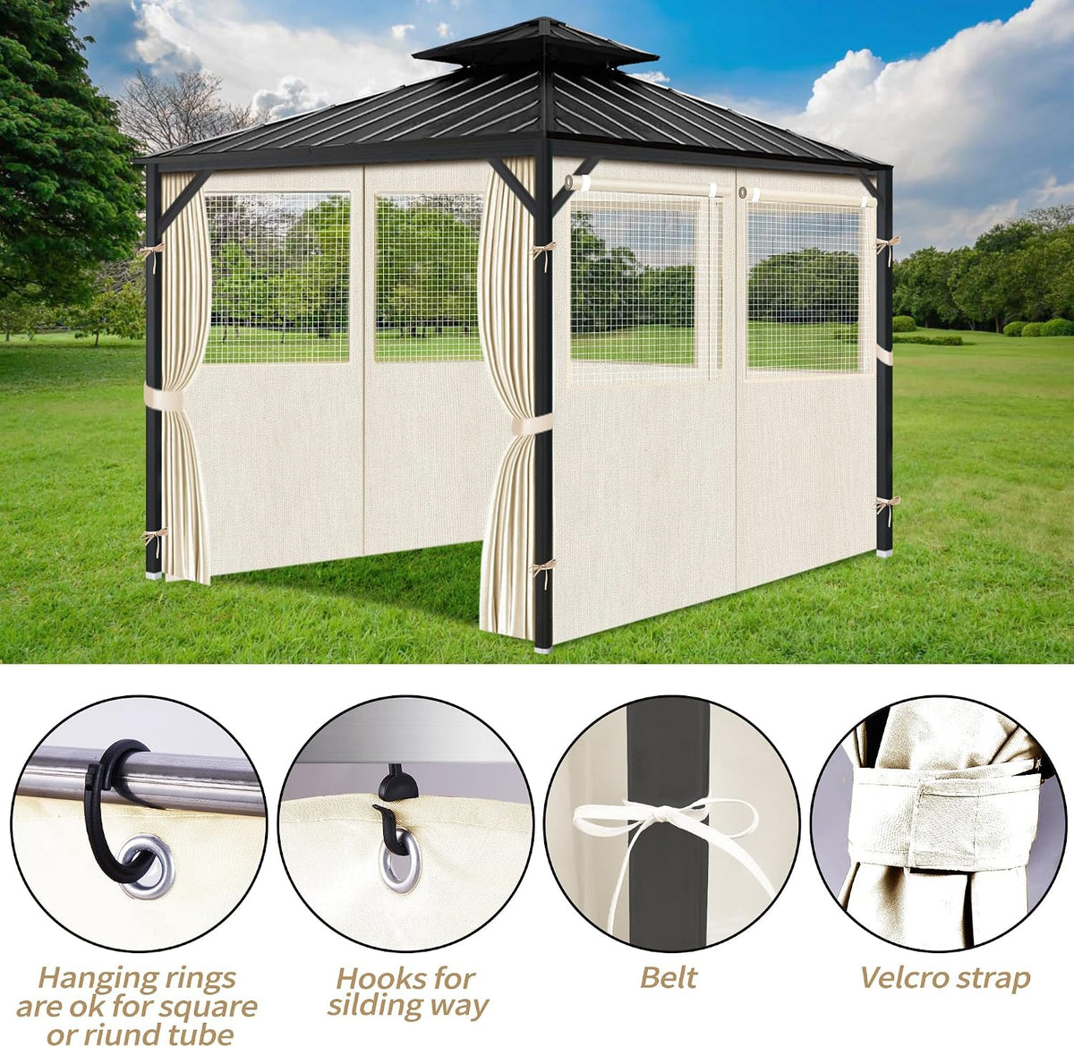 Gazebo Privacy Curtains 10' x 12' with Mosquito Windows, 4-Panels Side Wall with Zipper Universal Replacement for Patio, Outdoor Canopy, Garden and Backyard, Beige(Curtain Only)
