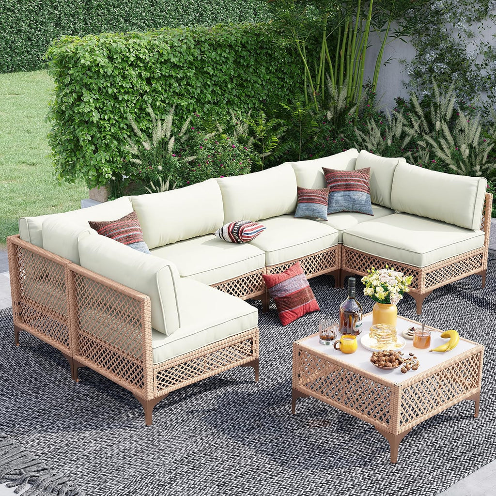 7-Piece Generous Patio Furniture Set, Wicker Outdoor Sectional Set with Large Tempered Glass Coffee Table, Boho Patio Conversation Couch Set with Thickened and Enlarged Cushion and Throw Cushion