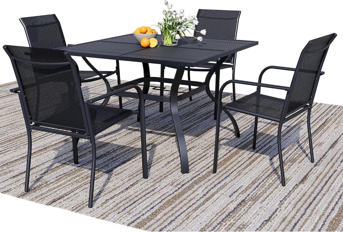5 Piece Outdoor Dining Set, Patio Table and Chairs Set of 4, 37.5' Black Square Patio Table with 4 Black Stackable Patio Chairs for Lawn, Garden, Porch