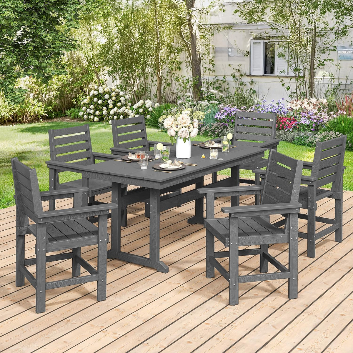 7 Piece Outdoor Dining Set, HDPS Patio Table and Chairs Set, 66' Patio Table with 1.96' Umbrella Hole & 6 Chairs, All Weather Furniture for Garden, Backyard, Poolside (Grey)