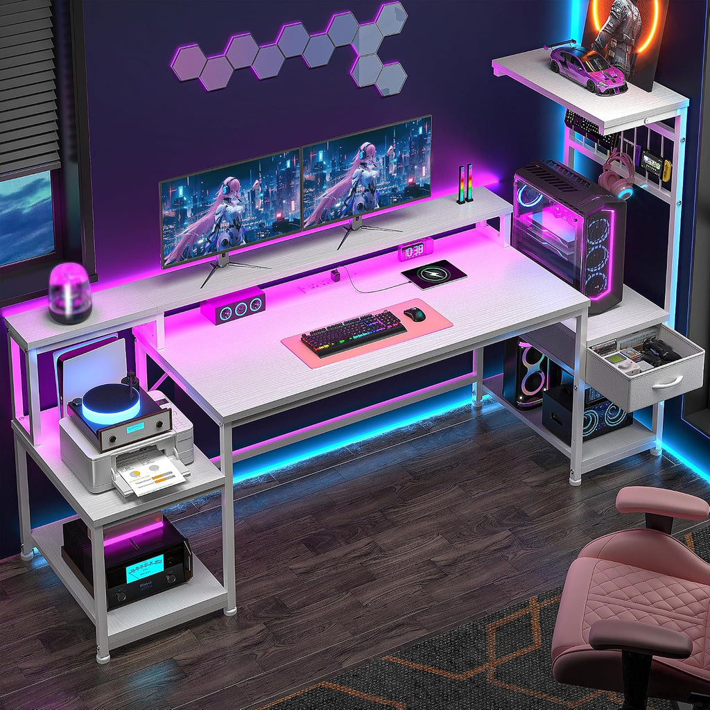 DurayLoly 63' Computer Desk with LED Lights & Outlets,Office Desk with Drawers & Monitor Stand,Gaming Desk with 3 Storage Shelves, Hooks& Printer Space for Game&Study Room,Home Office,Bedroom,White