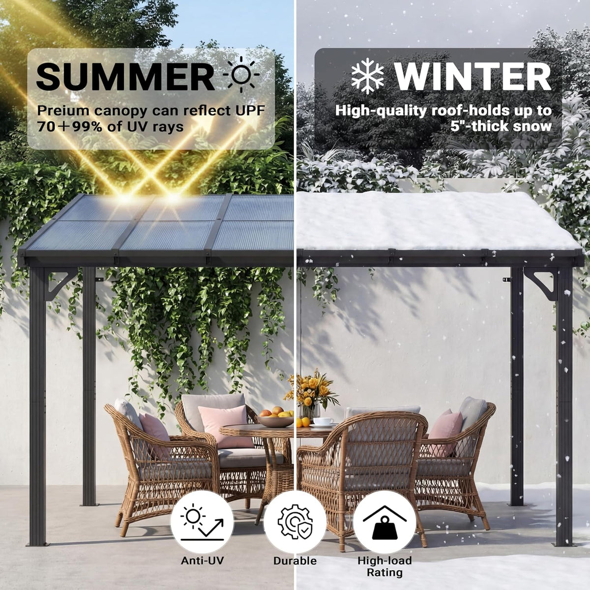 AirWire 10x12 FT Gazebo,Wall Mounted Gazebo Awnings with Polycarbonate Roof on Clearance, Patio Covers for Shade and Rain, Lean to Gazebo Hardtop Pergolas for Patios, Decks, Backyard