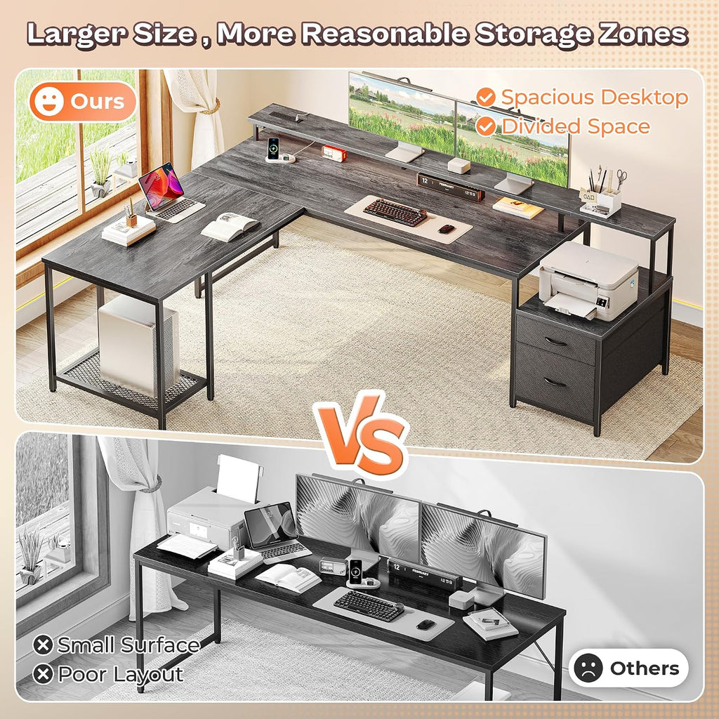 PRAISUN 66' L Shaped Gaming Desk with LED Lights & Power Outlets, Computer Desk with Fabric Drawers and Print Stand, Corner Office Desk, Monitor Stand, Mesh CPU Stand, Grey
