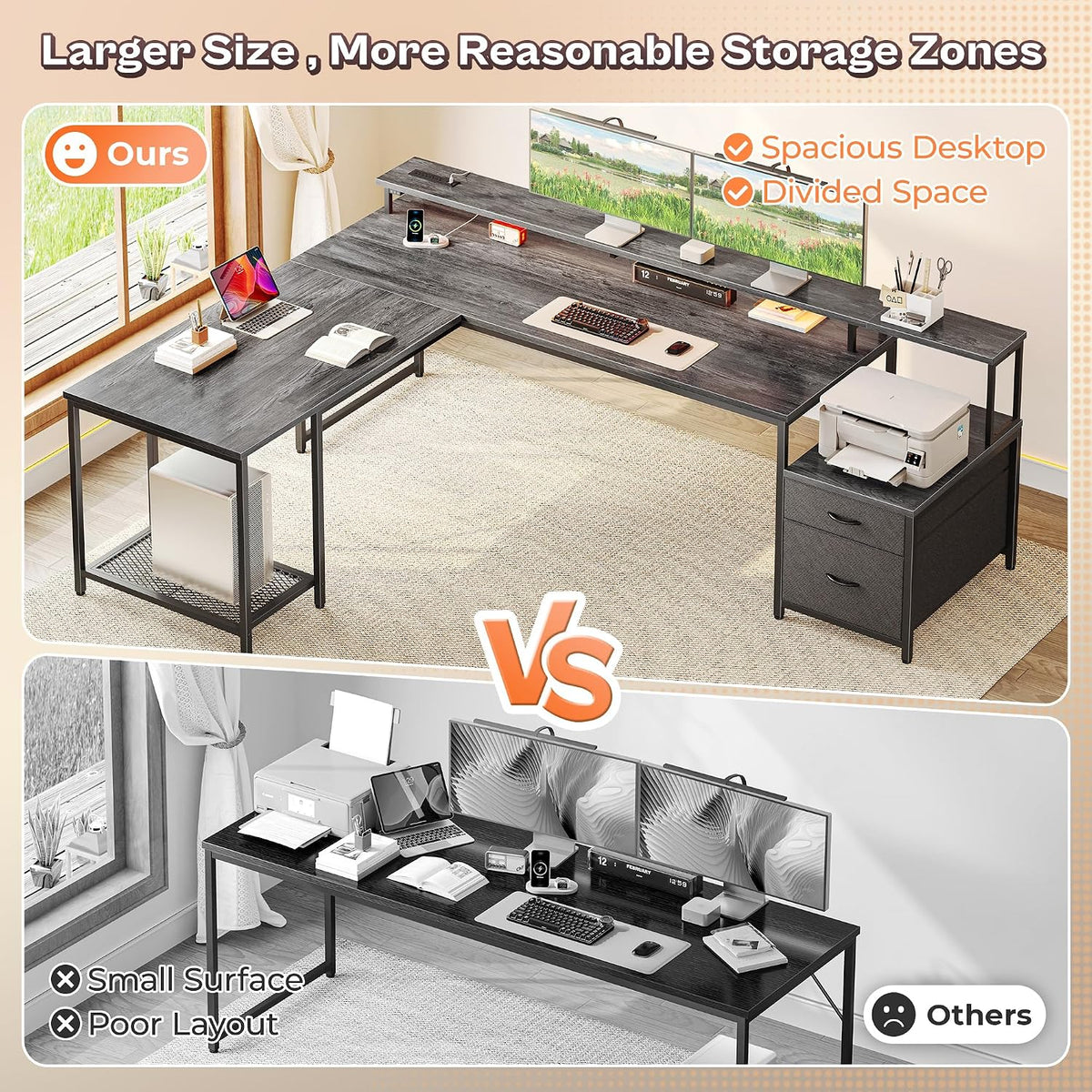PRAISUN 66' L Shaped Gaming Desk with LED Lights & Power Outlets, Computer Desk with Fabric Drawers and Print Stand, Corner Office Desk, Monitor Stand, Mesh CPU Stand, Grey