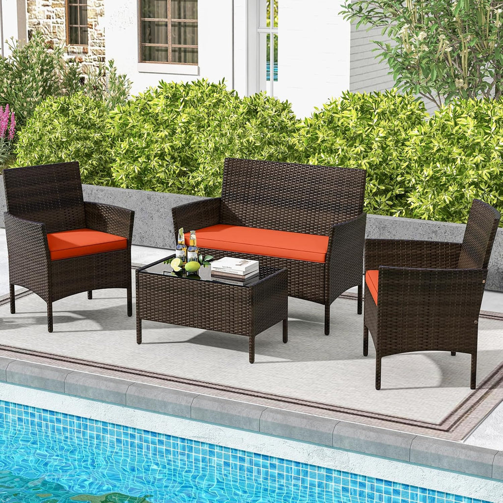 DORTALA Wicker Patio Furniture Set 4 Piece, Outdoor PE Rattan Table & Chairs Set with Tempered Glass Coffee Table, Loveseat, Cushions, Conversation Set for Balcony, Porch, Backyard, Deck, Orange