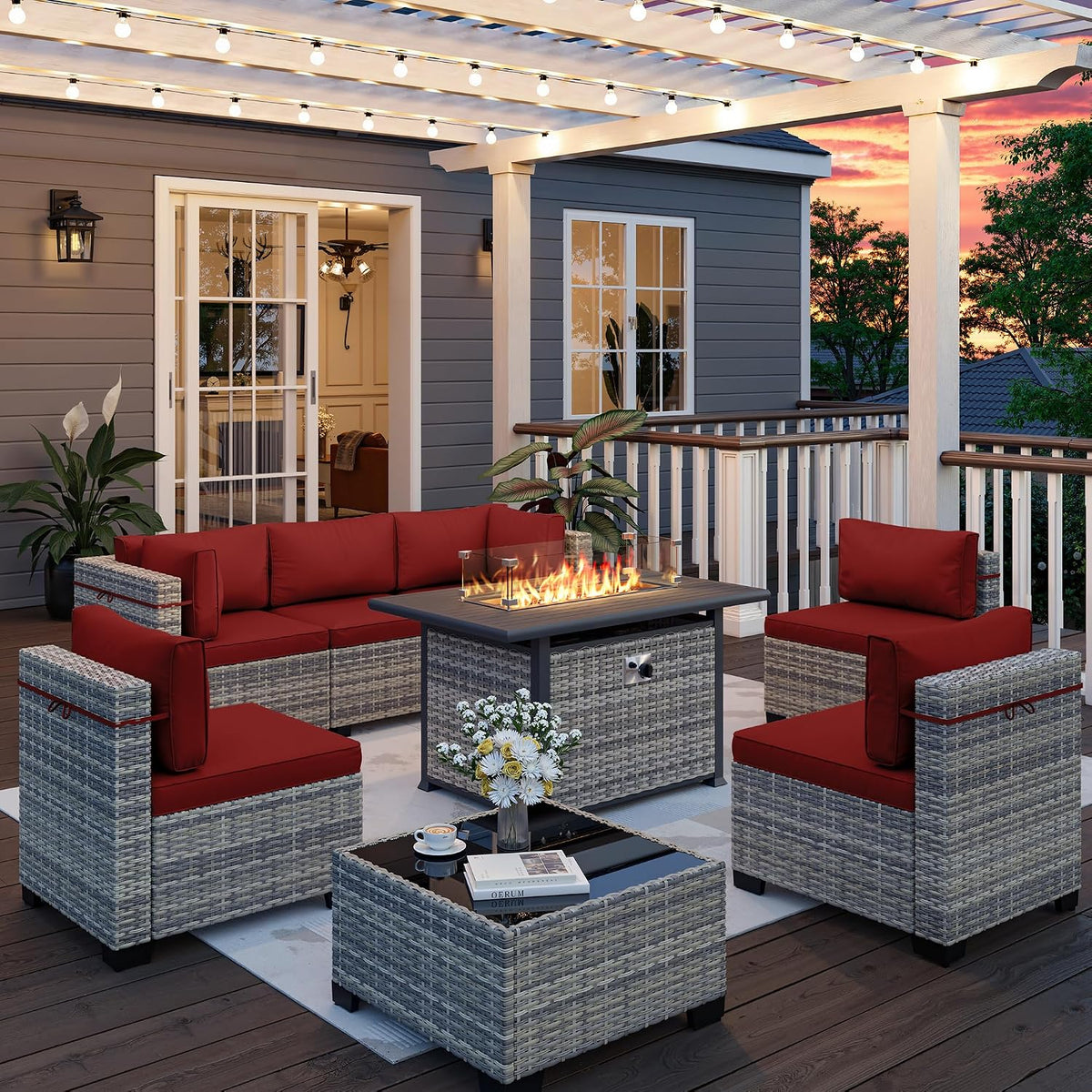 8-Piece Outdoor Patio Furniture Set with 55,000 BTU Fire Pit Table, PE Wicker Rattan Sectional Sofa Conversation Set - All-Weather Garden, Backyard Furniture, Red