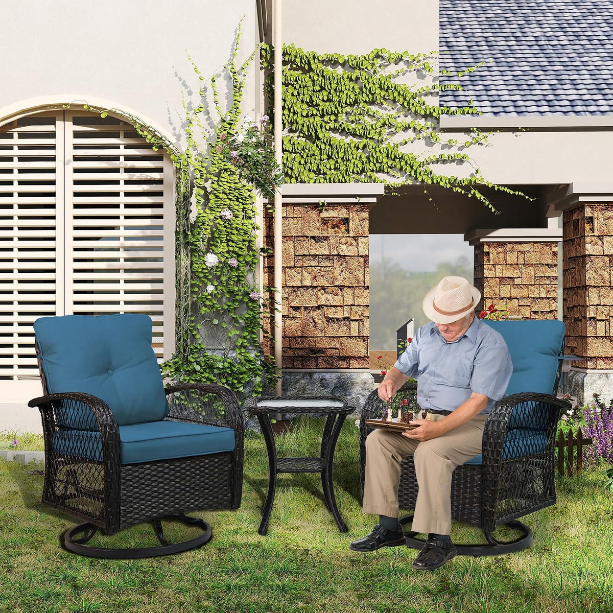 Outdoor Swivel Rocker Patio Chairs with Cushions，Outdoor Swivel Rocking Chairs Set of 2 with Rattan Side Table，360 Degree Swivel Seat Patio Furniture Set for Outside Porch Deck，3 Pieces