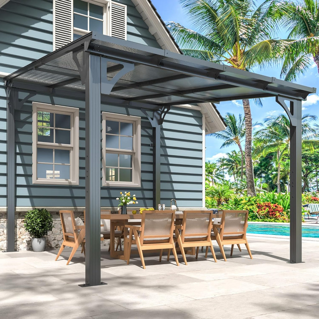 AirWire 10'x8' Wall-Mounted Lean to Gazebo with Aluminum Frame & Polycarbonate Panel, 8x10 FT Hardtop Pergola with Sloped Roof for Backyard, Porch, Deck