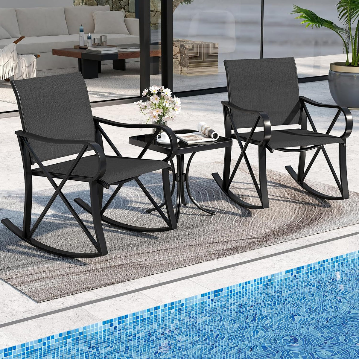 HAPPYGRILL 3-Piece Patio Rocking Bistro Set Rocker Chairs Set with Side Table, Outdoor Conversation Furniture Set with Metal Frame for Porch, Garden, Backyard, Balcony (Black)