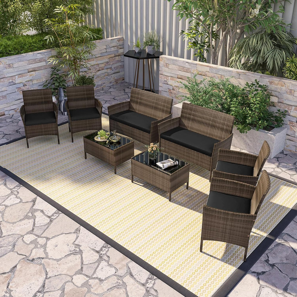 RELAX4LIFE 8-Piece Patio Furniture Set - Rattan Outdoor Conversation Bistro Set w/Cushions, Glass Coffee Table, Wicker Chairs & Loveseat for Garden Backyard Porch, Balcony Furniture Set (2, Black)