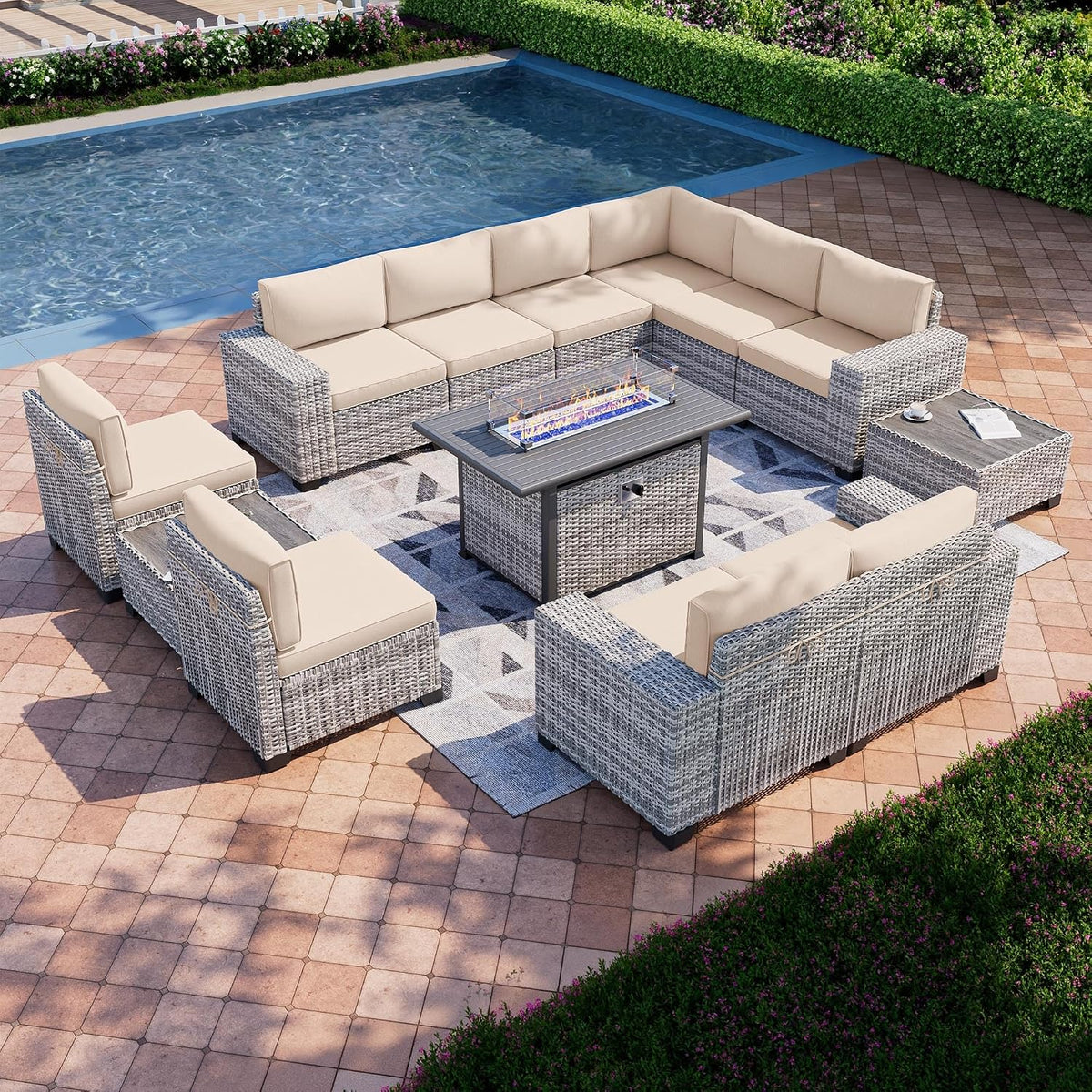 13-Piece Outdoor Patio Furniture Set with 55,000 BTU Fire Pit Table, PE Wicker Rattan Sectional Sofa Patio Conversation Set with Thickened Cushions & Coffee Table, Beige