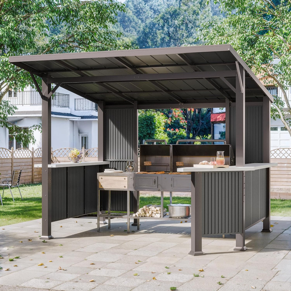Kurapika 10' x 10'Hardtop BBQ Outdoor Gazebo,Waterproof Sloping Roof and Sturdy Steel Frame, Extended Bar Tops, Smoke-Venting Iron Canopy for Patio, Yard, Garden, for Familie Party
