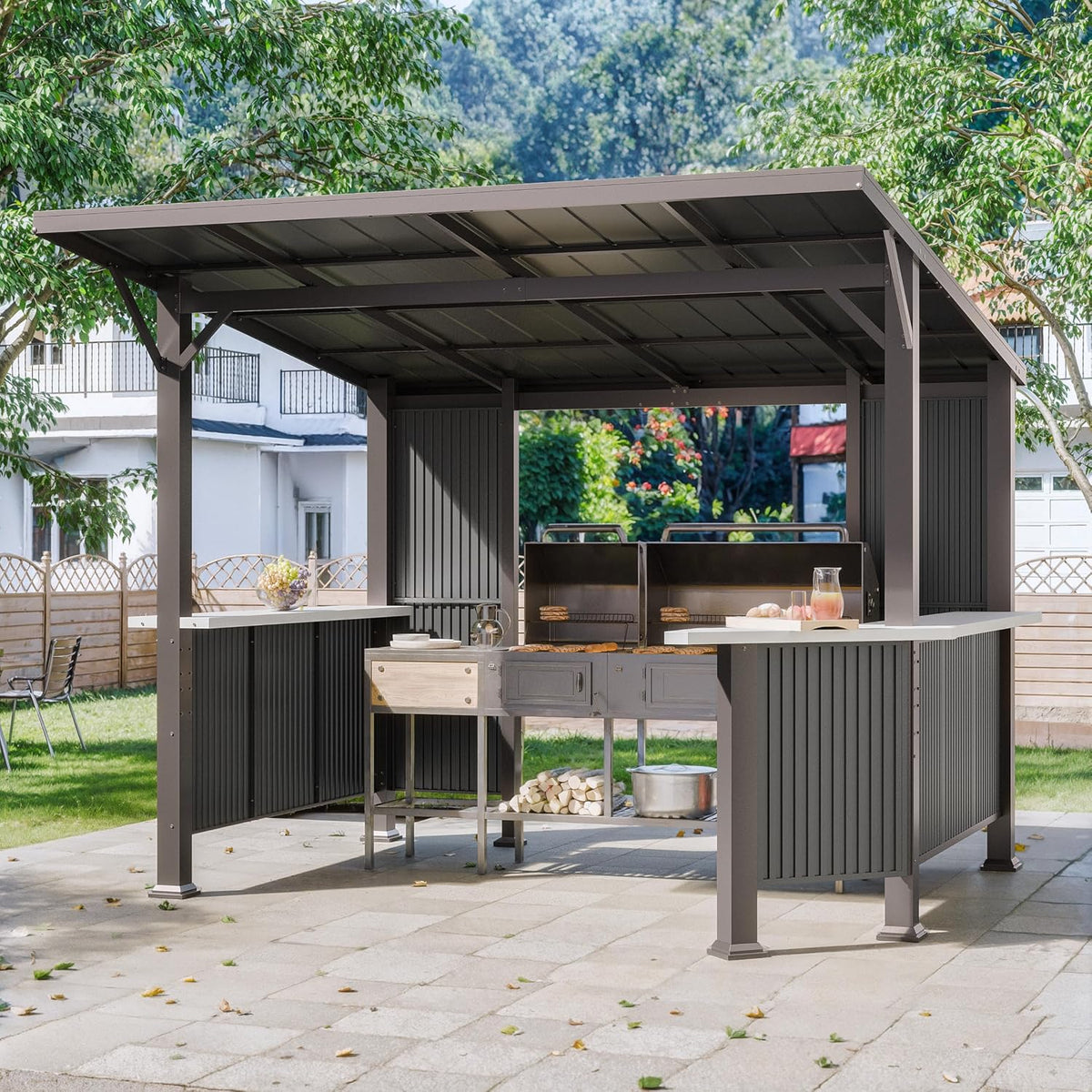 Kurapika 10' x 10'Hardtop BBQ Outdoor Gazebo,Waterproof Sloping Roof and Sturdy Steel Frame, Extended Bar Tops, Smoke-Venting Iron Canopy for Patio, Yard, Garden, for Familie Party