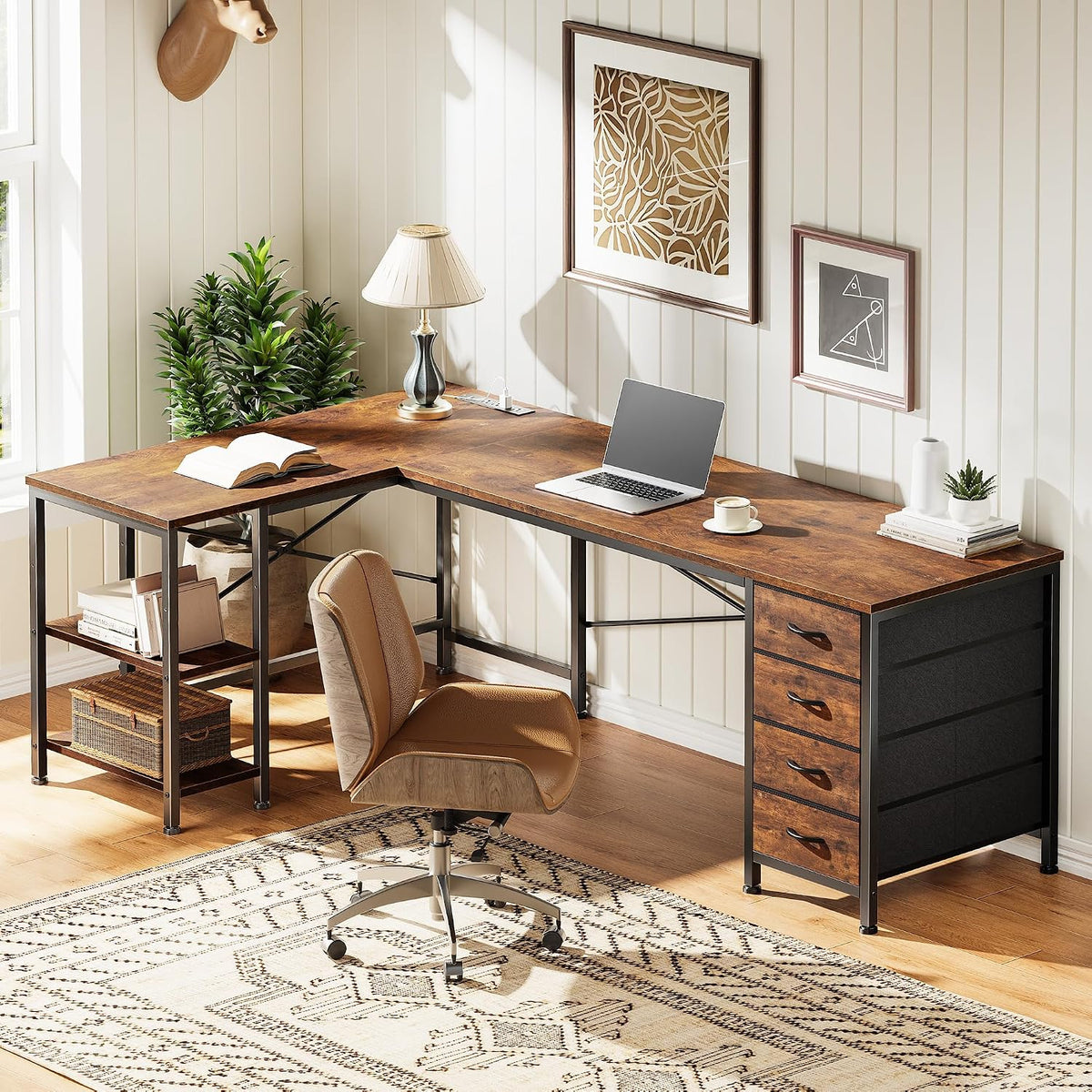 Huuger 55 Inch L Shaped Desk with Fabric Drawers, Reversible Computer Gaming Desk with Power Outlets and USB-C Port, Adjustable Side Storage Shelves, for Work Corner Home Office, Rustic Brown