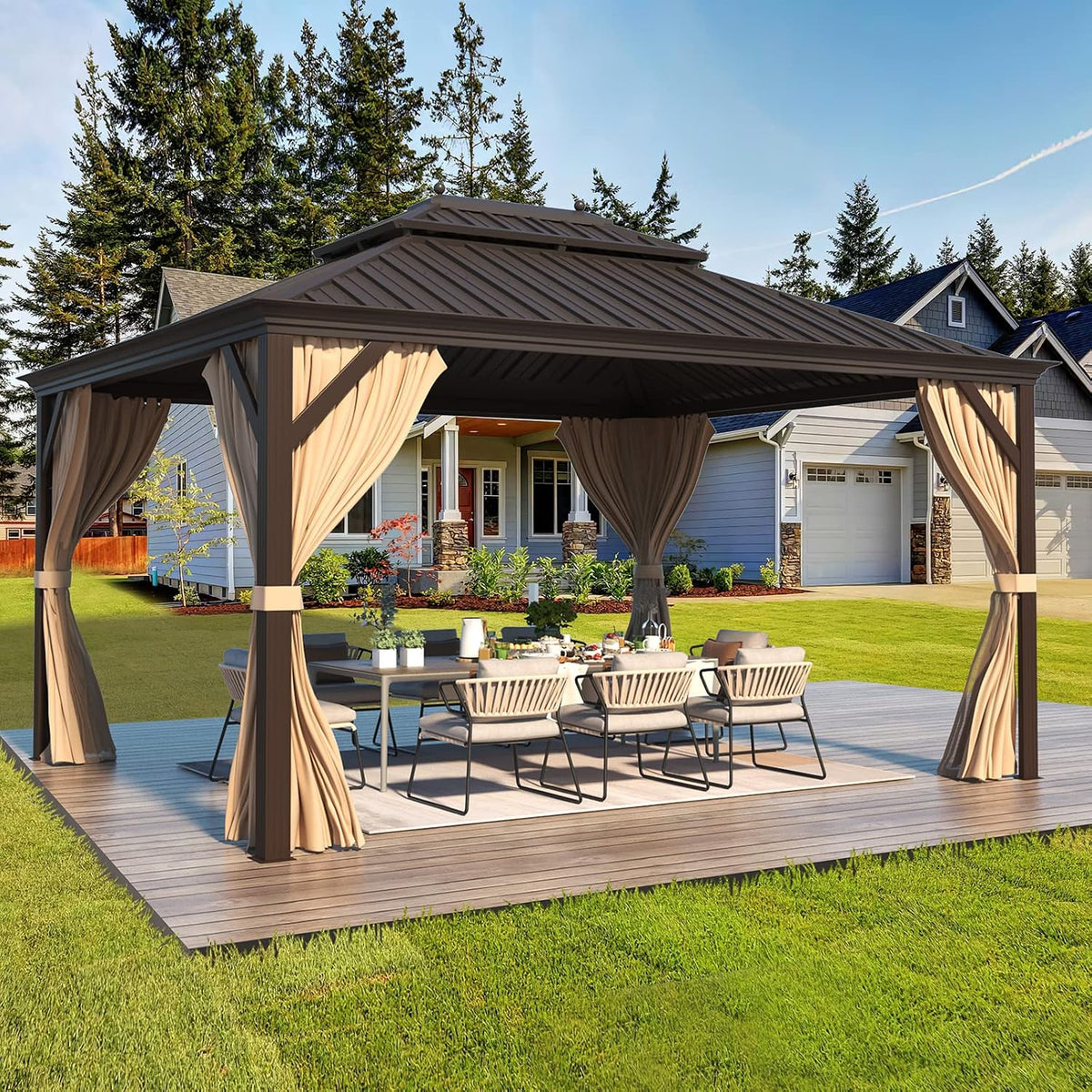 EROMMY 10' X 12' Permanent Hardtop Gazebo Aluminum Gazebos with Galvanized Steel Double Roof for Patio Lawn and Garden, Curtains and Netting Included, Dark Bronze