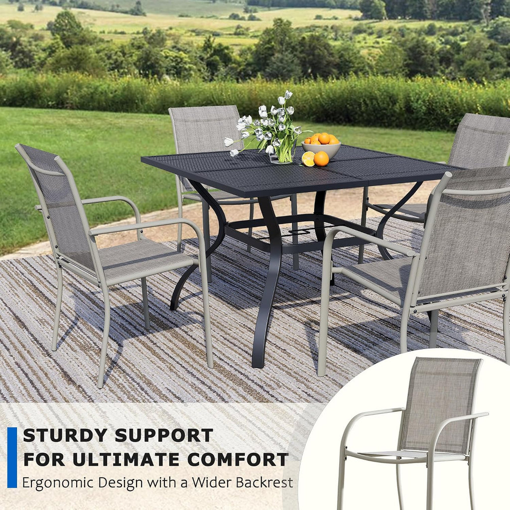 5-Piece Outdoor Dining Set, Square Metal Table with Grey Chairs, Black Patio Table with Umbrella Hole for Garden, Yard, Patio