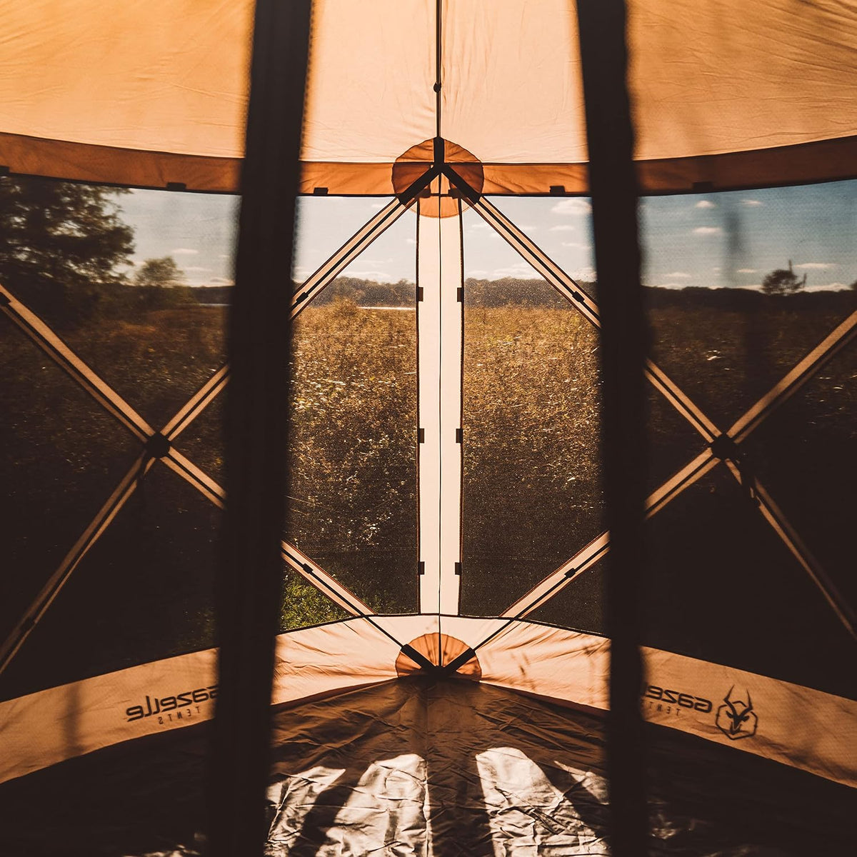 Gazelle Tents™ G5 5-Sided Portable Gazebo with TriTech Mesh, Pop-Up Hub Screen Tent, Waterproof, UV Resistant, 4-Person & Table, Desert Sand, 85' x 115' x 106', GK913, Includes 3 Pack of Wind Panels