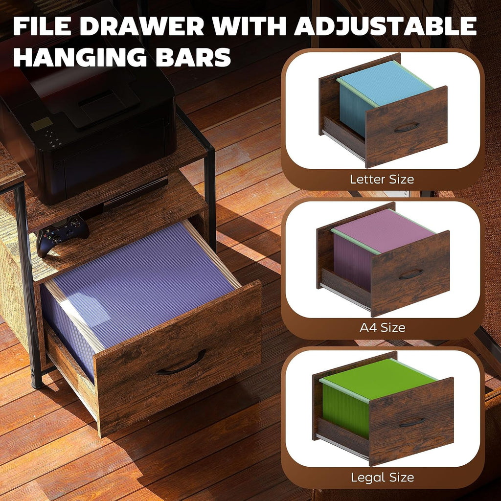 HOMCOM 67' Gaming Desk with File Cabinet and Fabric Drawers, Computer Table with Power Outlets and LED Lights, Monitor Stand and Printer Shelf, for Home Office Desk, Rustic Brown