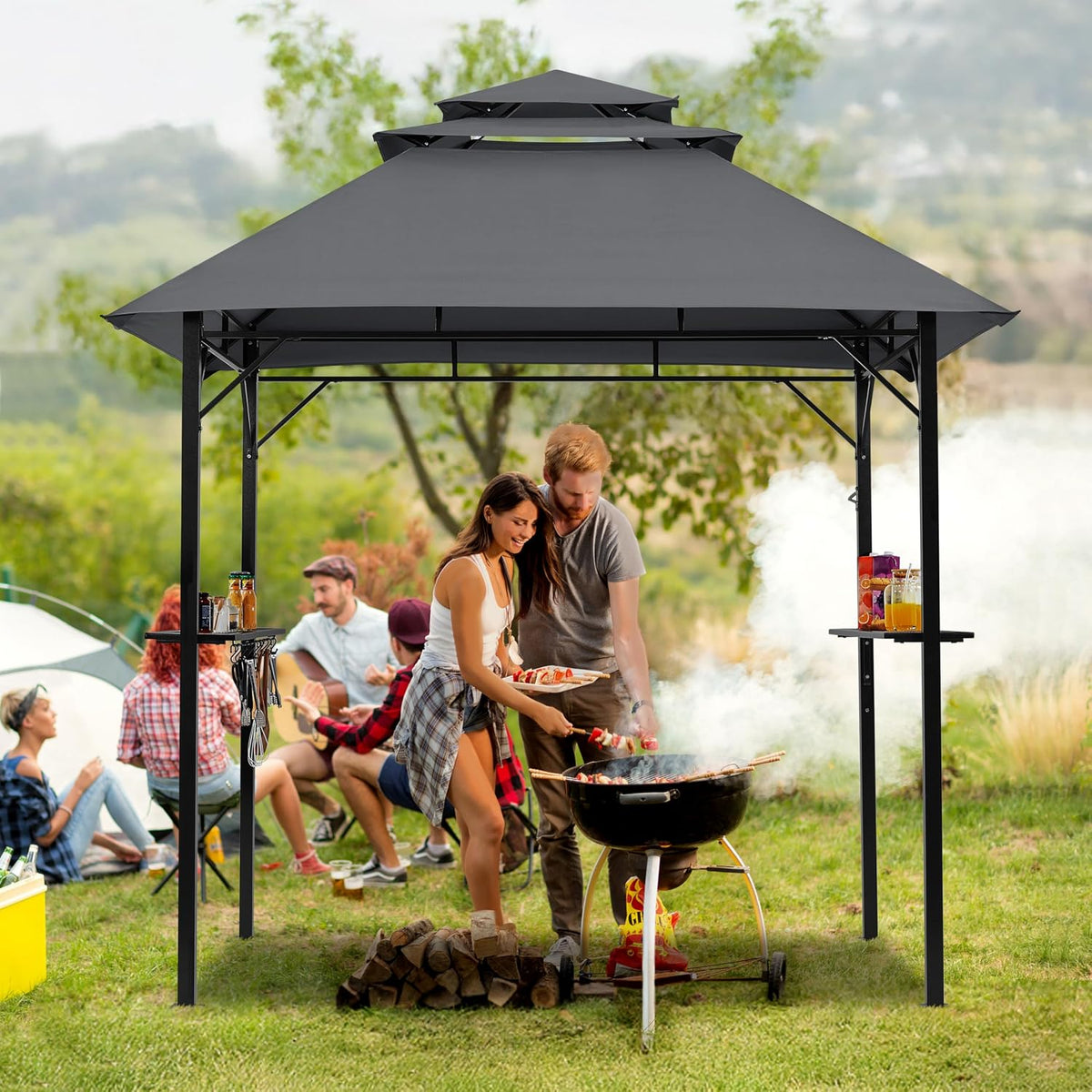 Yaheetech 8x5' Grill Gazebo, 3-Tier Outdoor BBQ Gazebo with Height-Adjustable Shelves & 10 S-Shaped Hooks & Built-in Bottle Opener, Dark Gray