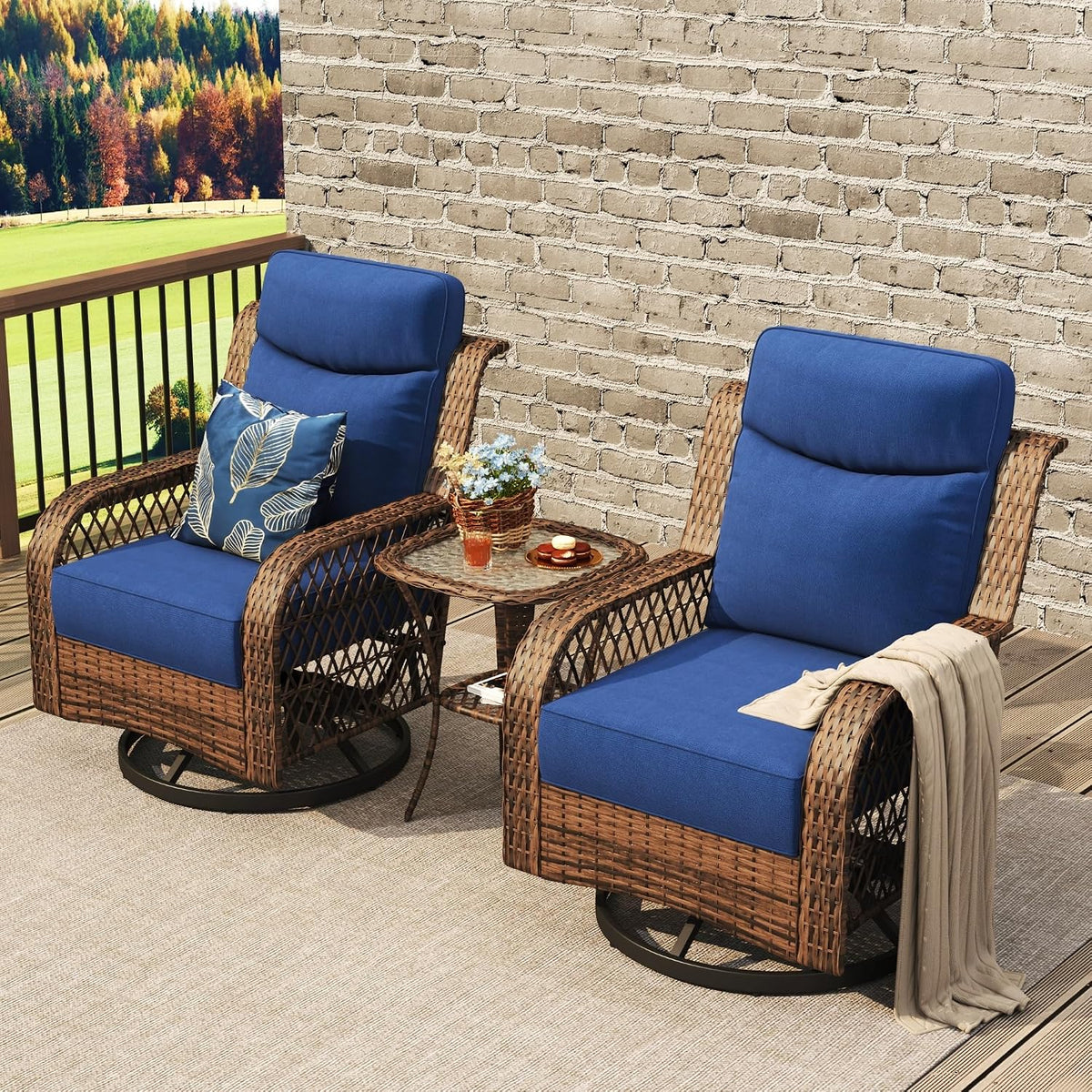 PIZZELLO Patio Bistro Set 3 Piece Wicker Rocking Chairs Sets Outdoor Swivel Chair Furniture Set with Rattan Side Table, 5' Thick Cushion Glide Rocker for Outside Porch Deck Garden Backyard