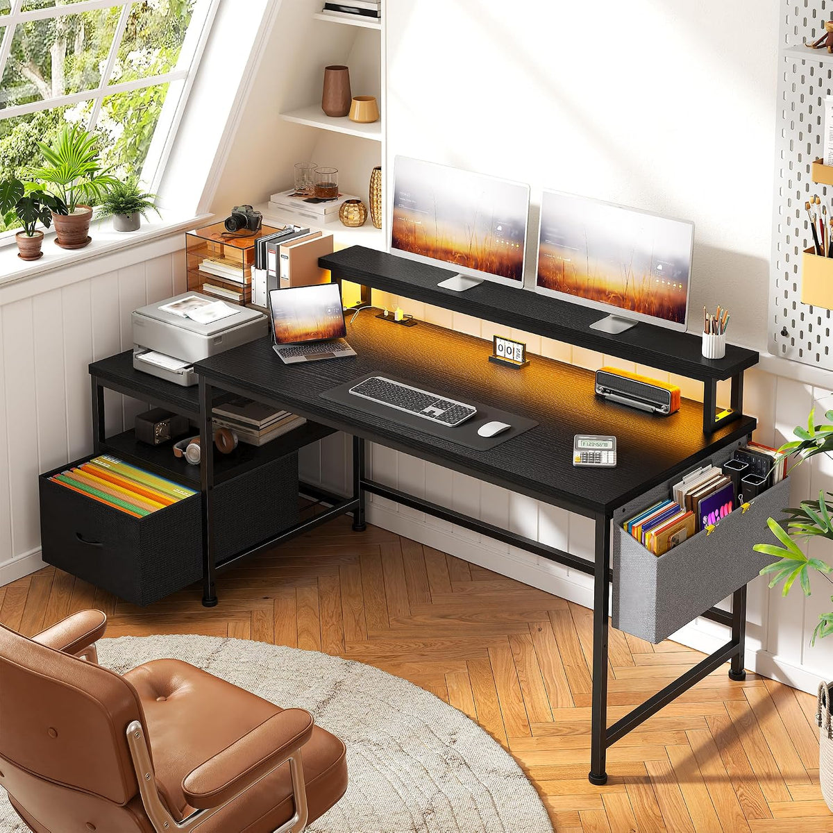 DurayLoly Gaming Desk with Monitor Stand,Computer Desk with LED Lights &Power Outlets,Office Desk with Drawers & Printer Shelf,Writing Table with Side Storage Bag,57' W x 20' D x 36' H,Black Desk