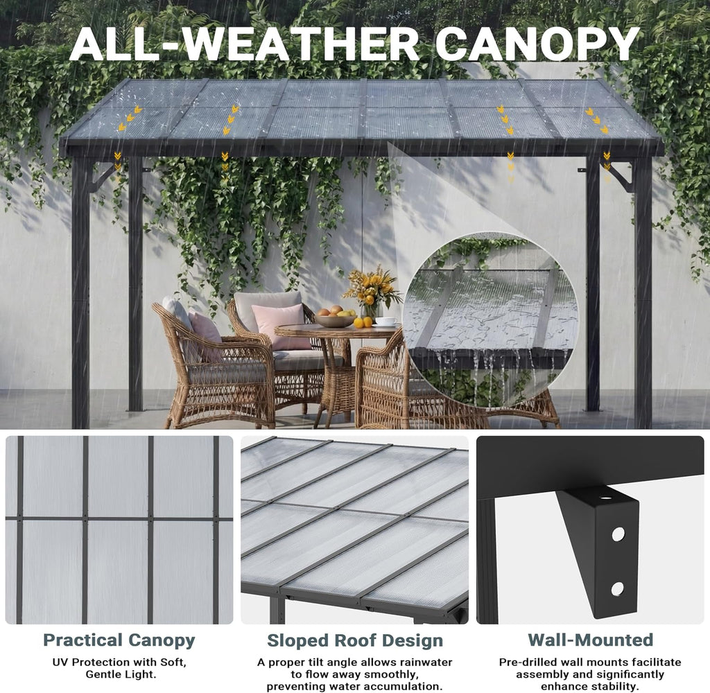 AirWire 10x12 FT Gazebo,Wall Mounted Gazebo Awnings with Polycarbonate Roof on Clearance, Patio Covers for Shade and Rain, Lean to Gazebo Hardtop Pergolas for Patios, Decks, Backyard