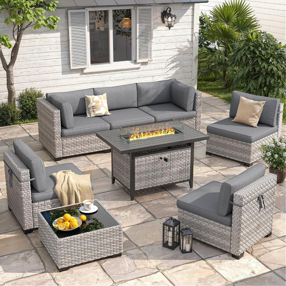 6-Seat Modern Outdoor Wicker Rattan Patio Furniture Set with 55,000 BTU Fire Pit Table, Thick 4″ Cushions, All-Weather Dual-Strand Rattan, Rust-Resistant Steel Frame,Black