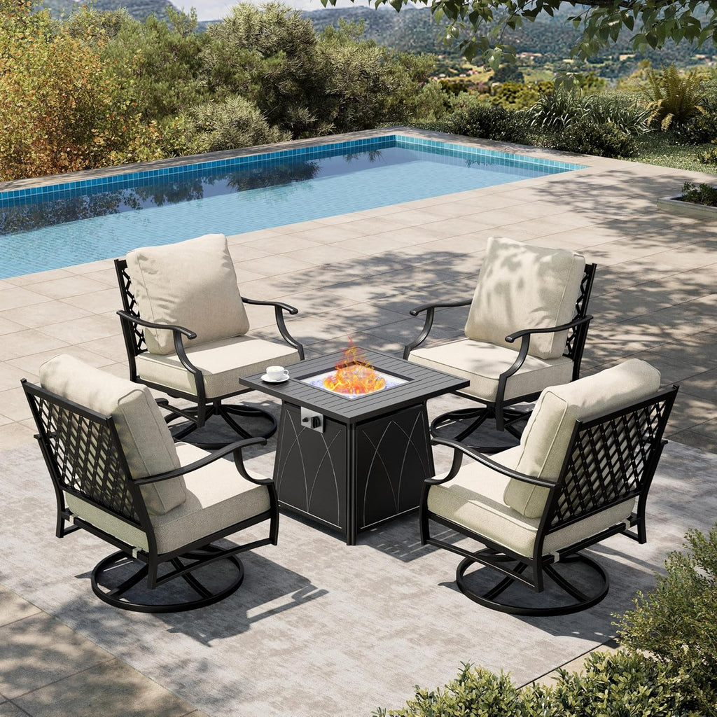 HERA'S HOUSE 5 Pieces Fire Pit Patio Furniture Set, 4 x Thick Cushioned Swivel Chairs with 28' Fire Pit Table (50,000 BTU), Outdoor Conversation Set for Garden, Backyard, Lawn