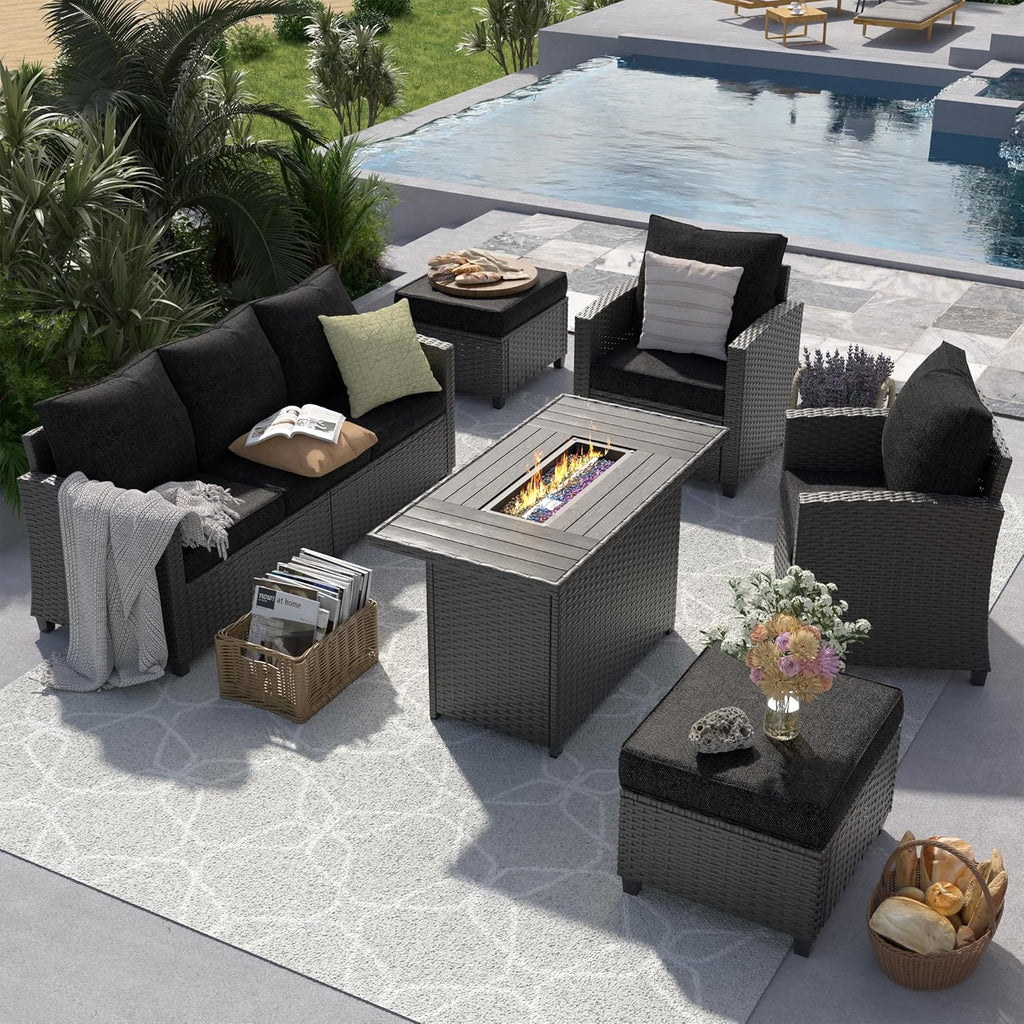 UDPATIO Outdoor Patio Furniture Set with 44' Fire Pit Table, 6 Pieces Sectional Conversation Sets, All-Weather Wicker Rattan Sofa Ottoman with 4' Thick Cushion for Garden Backyard Deck, Black