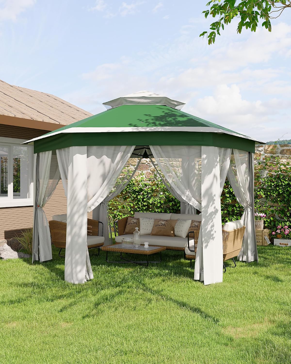 GarveeLife 13'x13' Pop-Up Gazebo, Outdoor Hexagonal Patio Gazebo with Mosquito Netting, Instant Setup Canopy Tent with Strong Steel Frame and Sandbags, for Backyard, Gardens, Patio (Green)