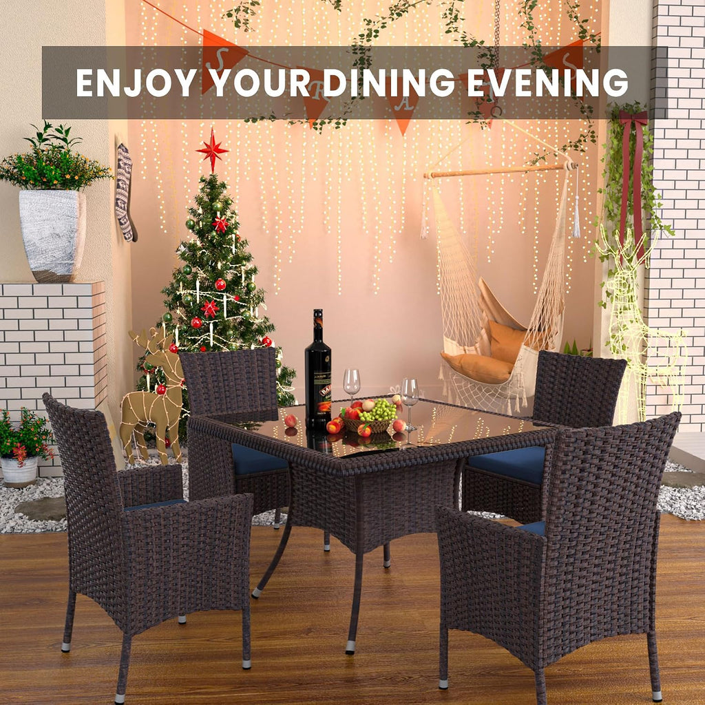 5 Piece Outdoor Dining Set,Rattan Patio Conversation Set of 4 Chairs,Patio Dining Table and Chairs w/Cushions,Square Glass Tabletop,Umbrella Cutout for Patio,NavyBlue