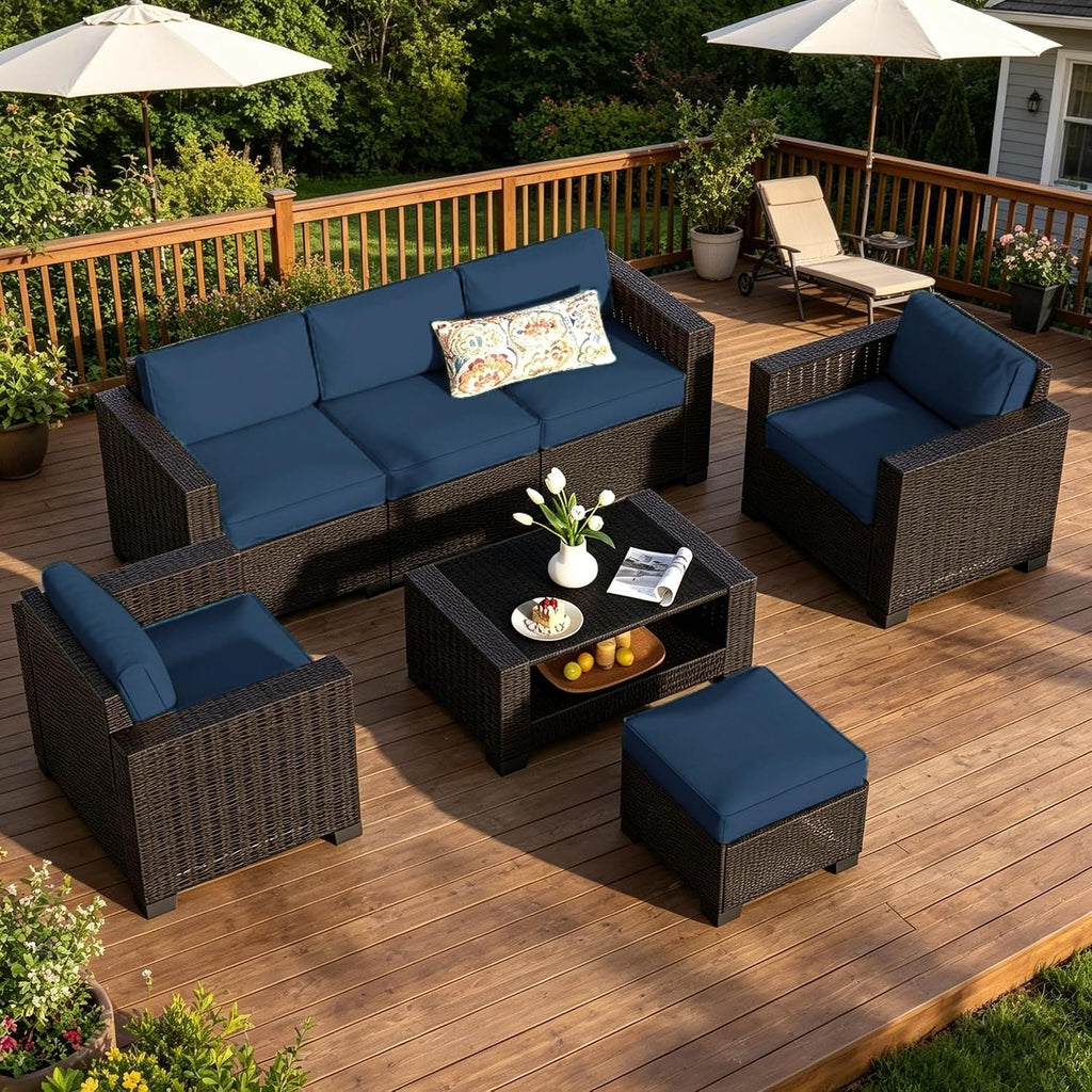 SHGJ&SOFT 7 Piece Patio Furniture Set, Wicker Outdoor Sectional Sofa with Washable Cushion Covers and Tempered Glass Table, Rattan Conversation Set for Poolside